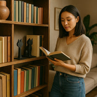 Femme lisant un livre devant une bibliothèque en bois avec serre-livres en forme de chats noirs