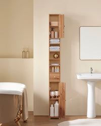 Armoire de salle de bain haute SoBuy BZR34 à 5 compartiments, 1 tiroir et portes, blanche, dimensions approximatives : 20 x 180 x 20 cm.