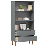 Bibliothèque en bois massif de pin avec 2 tiroirs et finition vernis UV, design élégant et robuste