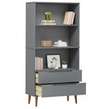 Bibliothèque en bois massif de pin avec 2 tiroirs et finition vernis UV, design élégant et robuste