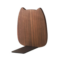 Serre-livres en bois massif en forme de tête de chat avec base en métal noir, design minimaliste