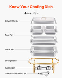 SucceBuy Lot de 4 buffet à réchaud de 8 Qt, chafer en acier inoxydable avec 2 poêles pleine taille et 4 demi-taille, serveur chauffant pour restauration