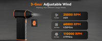 Souffleur d'air électrique WOLFBOX MF50 - Puissance maximale de 110 000 tr/min, moteur sans balais rechargeable à 3 vitesses pour voiture, PC, maison et extérieur