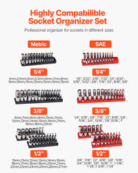 VEVOR Kit Organisateurs de Douilles Tige Haute, 8 Supports de Douilles Métriques SAE 1/4'', 3/8'', 1/2'', Étiquettes Transparentes, Capacité 176 Douilles Standard Profondes Non Incluses, Noir & Rouge