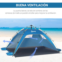Tente de plage pop-up Outsunny avec 2 portes 2 fenêtres 220X173X120 cm Bleu