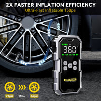 Démarreur de voiture 7000 A avec compresseur d'air, booster de batterie 12 V, batterie externe avec lampe torche LED et câble intelligent avec affichage de la tension.