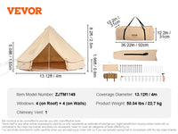 VEVOR Tente Cloche en Toile 4 m Tente de Yourte 4 Saisons Tente de Camping Familial avec Trou de Poêle à Bois, Sacs de Rangement pour Glamping Jusqu'à 6 Personnes, Groupes en Plein Air, Fête, Chasse