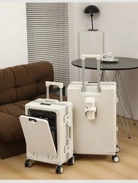 Valise à bagages roulante de grande capacité à ouverture frontale, cadre en aluminium, valise d'embarquement avec chargeur USB et porte-gobelets