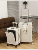Valise à bagages roulante de grande capacité à ouverture frontale, cadre en aluminium, valise d'embarquement avec chargeur USB et porte-gobelets