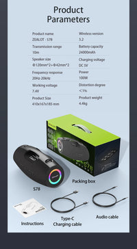 Haut-parleurs sans fil Zealot S78 100W, technologie DSP, lumière de rêve, haut-parleur de subwoofer portable extérieur, double appairage, 24000mAh.