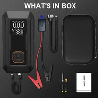 Démarreur de voiture 5 en 1 avec compresseur d'air, booster de batterie auto 1500 A, pompe à air 150 PSI, batterie externe portable et gonfleur de pneus