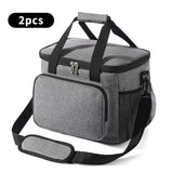 Sac à lunch en tissu Oxford gris, grande capacité, avec bandoulière et anses, étanche et portable.