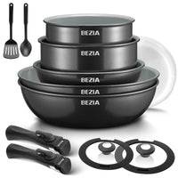Batterie de cuisine à induction Bezia avec revêtement céramique sain, casseroles et poêles antiadhésives, ensemble 13 pièces avec poignées détachables