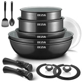 Batterie de cuisine à induction Bezia avec revêtement céramique sain, casseroles et poêles antiadhésives, ensemble 13 pièces avec poignées détachables
