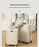 Valise à bagages roulante de grande capacité à ouverture frontale, cadre en aluminium, valise d'embarquement avec chargeur USB et porte-gobelets