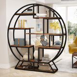 Bibliothèque, bibliothèque ronde Etagere, étagère à livres industrielle en bois de 63 pouces avec étagères décalées, salon