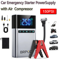 Démarreur de voiture portable BRPOM avec compresseur d'air, gonfleur de pneus, démarreur de batterie de voiture 8000 mAh, boîtier de démarrage, démarreur de batterie de voiture