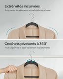 Cintres en Velours, Lot de 30/50, Antiglisse, avec Encoches, Barre pour Pantalons, Crochet Pivotant à 360°, Gain de Place, Épaisseur 0,6 cm, Longueur de 43 cm, Beige Sable/Noir Classique/Gris/Blanc/Rose Clair