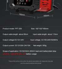 Chargeur de batterie portable 20 A/10 A pour voiture, moto et camion (12 V/24 V), automatique, AGM LiFePO4, plomb-acide, avec fonction marche/arrêt et réparation.