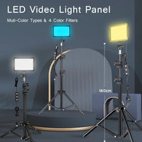 Kit d'éclairage LED pour studio photo et vidéo avec trépied et filtres RVB, idéal pour les prises de vue en direct et le streaming sur YouTube.