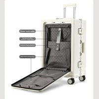 Valise à bagages roulante de grande capacité à ouverture frontale, cadre en aluminium, valise d'embarquement avec chargeur USB et porte-gobelets
