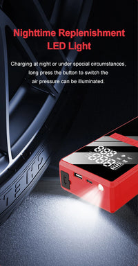 Démarreur de voiture EAFC 2000A avec compresseur d'air, écran LCD, chargeur de batterie externe et gonfleur de pneus.