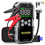 Démarreur de voiture 7000 A avec compresseur d'air, booster de batterie 12 V, batterie externe avec lampe torche LED et câble intelligent avec affichage de la tension.