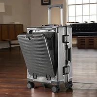 Valise à bagages roulante de grande capacité à ouverture frontale, cadre en aluminium, valise d'embarquement avec chargeur USB et porte-gobelets