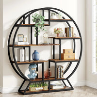 Bibliothèque, bibliothèque ronde Etagere, étagère à livres industrielle en bois de 63 pouces avec étagères décalées, salon