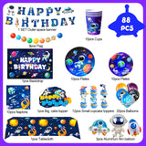 Décorations de fête d'anniversaire spatial, 88 pièces, décorations d'anniversaire et ensemble de vaisselle d'anniversaire pour espace extérieur, assiettes de fête, nappe, toile de fond