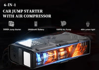 Démarreur de batterie multifonctionnel avec compresseur d'air 3000 A crête/150 PSI et gonfleur de pneus numérique