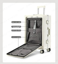Valise à bagages roulante de grande capacité à ouverture frontale, cadre en aluminium, valise d'embarquement avec chargeur USB et porte-gobelets