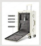 Valise à bagages roulante de grande capacité à ouverture frontale, cadre en aluminium, valise d'embarquement avec chargeur USB et porte-gobelets