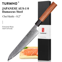 Couteau de chef japonais TURWHO forgé à la main, en acier damassé, couteau de cuisine Santoku, couteau à sashimi, couteau à pain, outil de cuisine utilitaire à lame artisanale