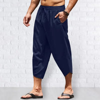 Pantalon large en coton et lin pour homme, sarouel décontracté, longueur mollet, pantalon baggy, vêtements de plage hawaïens, mode Harajuku, été