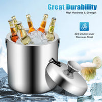 Glaçons portables à double paroi en acier inoxydable, récipient à glaçons avec couvercle à pinces, refroidisseur de vin, de boisson et de bière, 1,3 L, E27