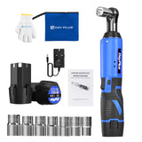 Clé à cliquet électrique sans fil 3/8'' à angle droit 90° avec lampe de travail LED + jeu de 7 douilles, 2 batteries