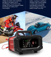 Chargeur de batterie portable 20 A/10 A pour voiture, moto et camion (12 V/24 V), automatique, AGM LiFePO4, plomb-acide, avec fonction marche/arrêt et réparation.