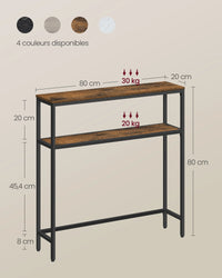 Console pour Couloir, Table de Salon Fine à 2 Niveaux, Table d’Appoint avec 2 Étagères, 20 x 80 x 80 cm