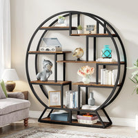 Bibliothèque, bibliothèque ronde Etagere, étagère à livres industrielle en bois de 63 pouces avec étagères décalées, salon