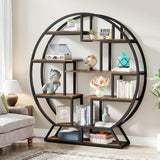 Bibliothèque, bibliothèque ronde Etagere, étagère à livres industrielle en bois de 63 pouces avec étagères décalées, salon