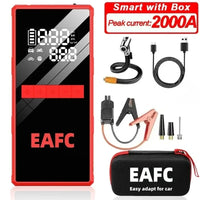 Démarreur de voiture EAFC 2000A avec compresseur d'air, écran LCD, chargeur de batterie externe et gonfleur de pneus.