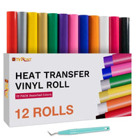 HTVRONT Lot de 12 rouleaux de vinyle thermocollant multicolores de 30,5 cm x 1,5 m pour Cricut, impression sur t-shirts et casquettes, film HTV à repasser (cadeau)