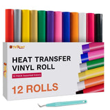 HTVRONT Lot de 12 rouleaux de vinyle thermocollant multicolores de 30,5 cm x 1,5 m pour Cricut, impression sur t-shirts et casquettes, film HTV à repasser (cadeau)