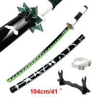 Katana Demon Slayer 41 pouces/104 cm (Tsuyuri Kanao Sanemi Giyuu) en bois bleu, jouet, épée, accessoire de jeu de rôle, personnage, arme