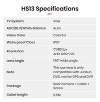 Caméra de recul Junsun pour voiture, résolution AHD 720p, étanche, grand angle 140°, pour autoradio.