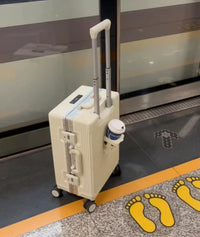 Valise à bagages roulante de grande capacité à ouverture frontale, cadre en aluminium, valise d'embarquement avec chargeur USB et porte-gobelets
