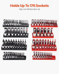 VEVOR Kit Organisateurs de Douilles Tige Haute, 8 Supports de Douilles Métriques SAE 1/4'', 3/8'', 1/2'', Étiquettes Transparentes, Capacité 176 Douilles Standard Profondes Non Incluses, Noir & Rouge