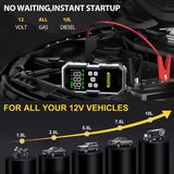 Démarreur de voiture 7000 A avec compresseur d'air, booster de batterie 12 V, batterie externe avec lampe torche LED et câble intelligent avec affichage de la tension.