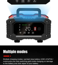 Chargeur de batterie portable 20 A/10 A pour voiture, moto et camion (12 V/24 V), automatique, AGM LiFePO4, plomb-acide, avec fonction marche/arrêt et réparation.